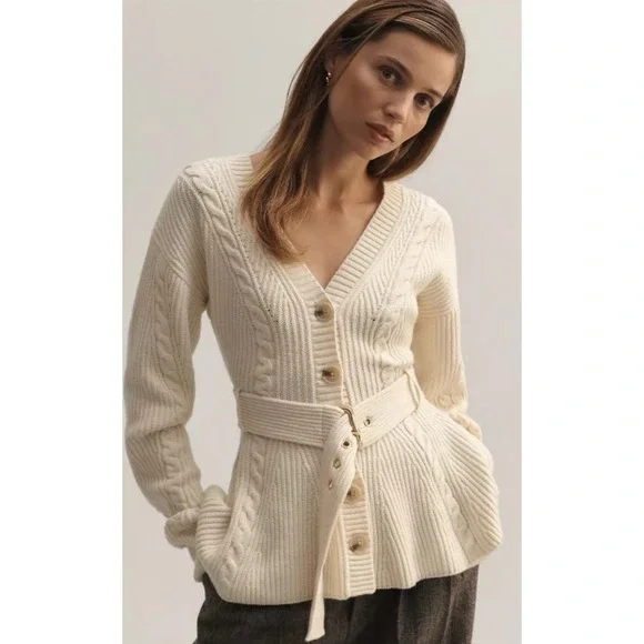 Anthropologie Maeve Cream Cableknit Peplum Belted Cardigan Cozy Career Classic M - Picture 10 of 12